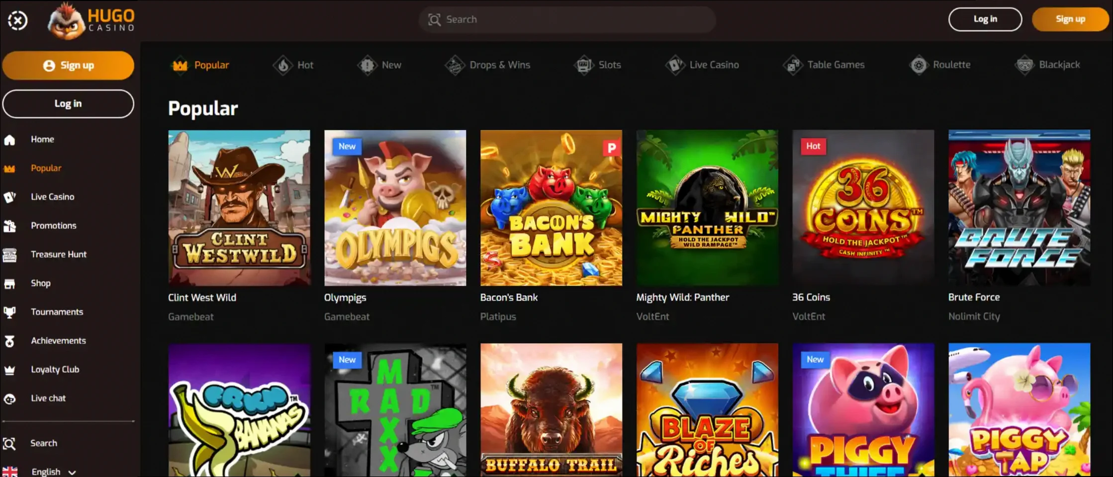 Hugo Casino 225% bonus upp till €600 + 275 gratissnurr